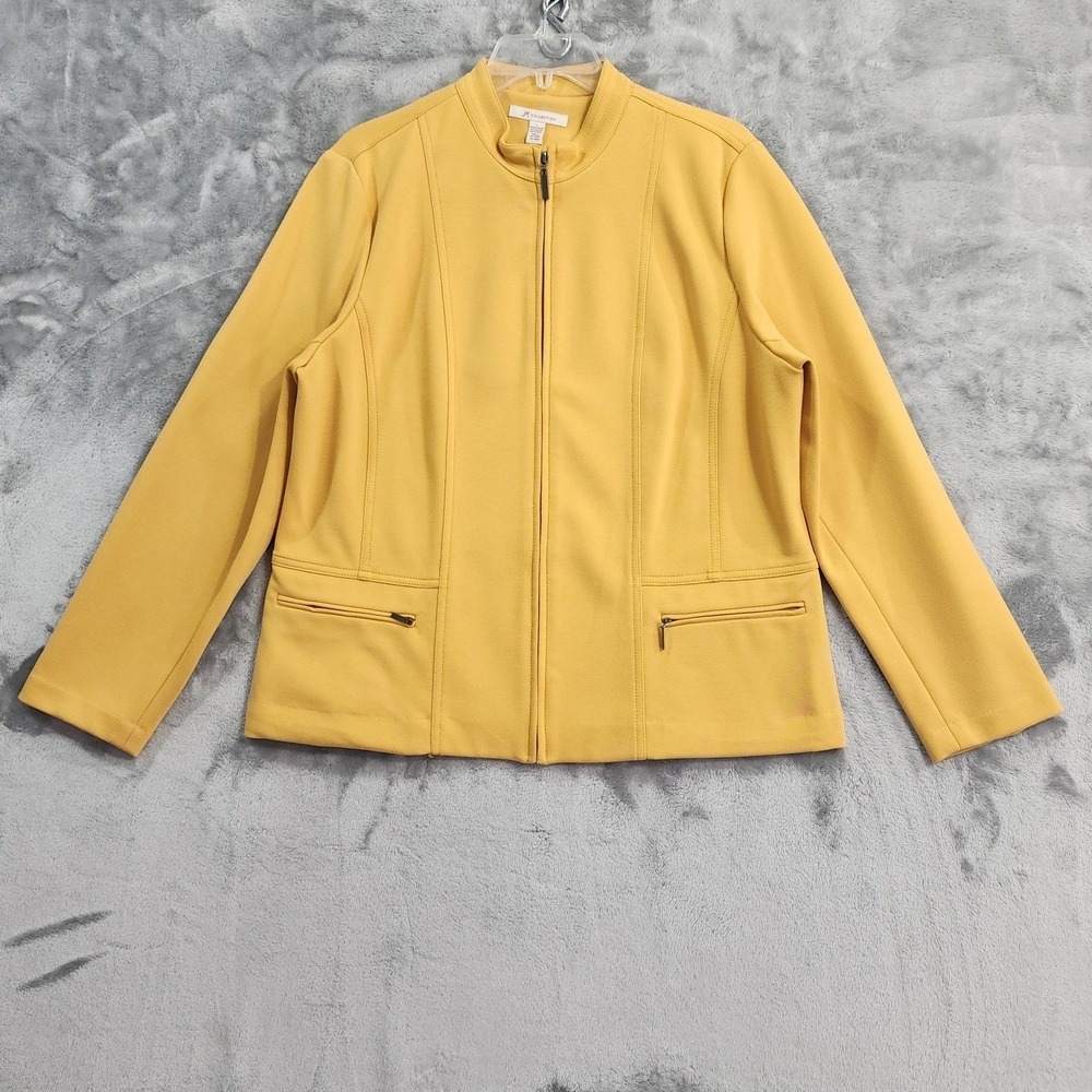 JM Collection Jacket Womens L Yellow Stretch Knit Full Zip Pockets Casual Preppy
